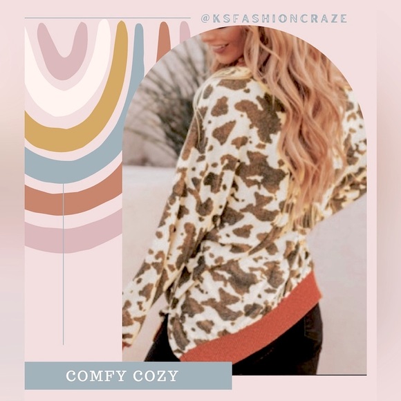 #1356 Super Cozy Cow Print Long Sleeve Sweater Top - Picture 3 of 17